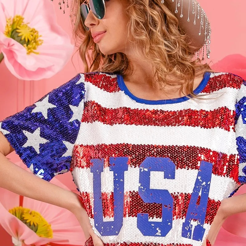 BiBi American Flag Theme Usa Print Sequin Dress