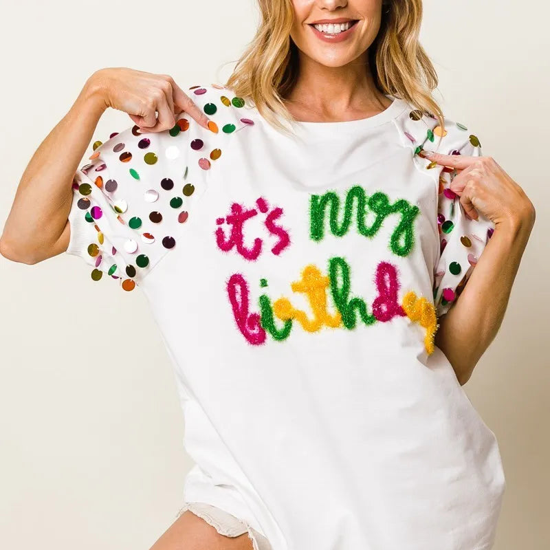 BiBi Metallic Letter Spangle Raglan Puff Sleeve Top