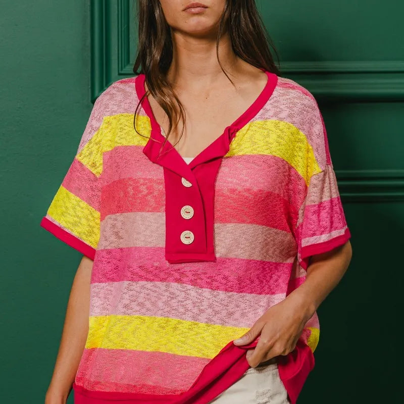 BiBi Multi Color Stripe Hacci Button Detail Ringer Top