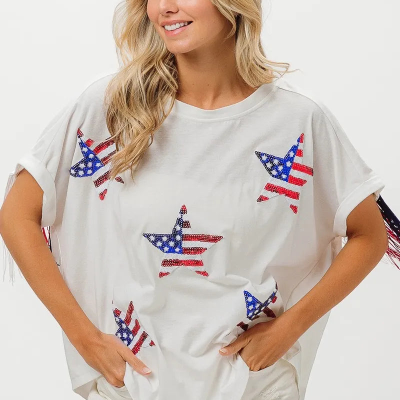 BiBi American Flag Sequin Star Fringe Top