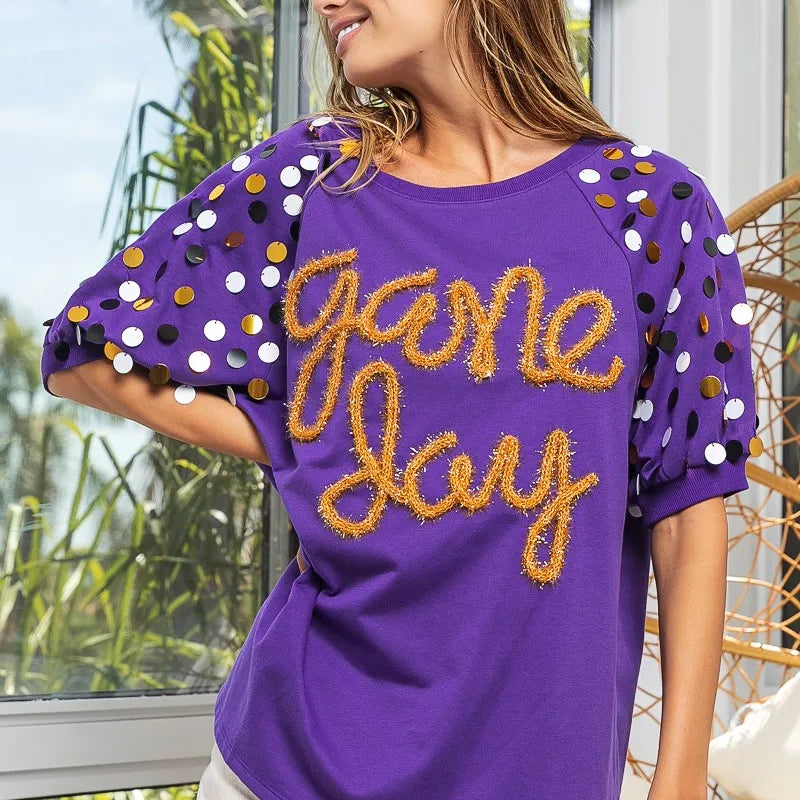 BiBi Game Day Metallic Letter Spangle Sleeve Top
