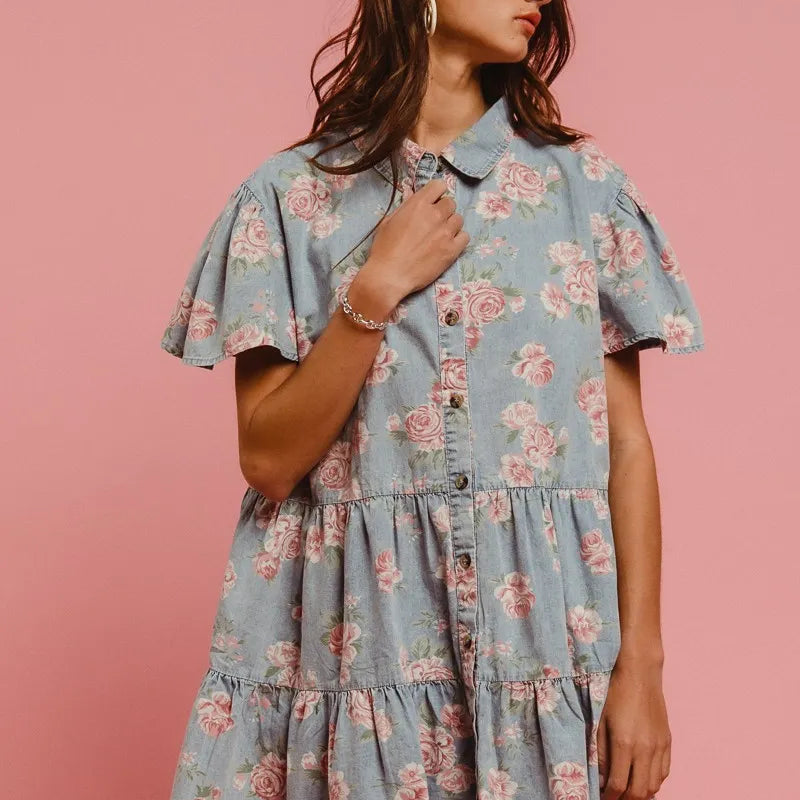 BiBi Floral Print Washed Lightweight Tiered Shirt Dress