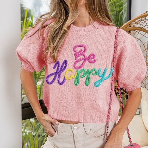 BiBi Metallic Letter Short Puff Sleeve Hairy Sweater in Pink