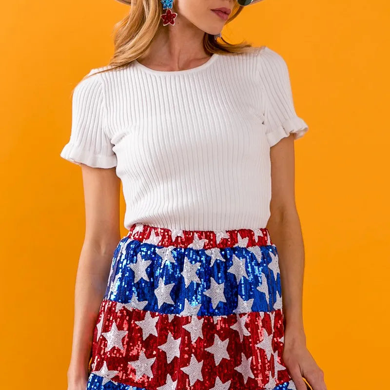 BiBi American Flag Theme Star Sequin Tiered Skirt