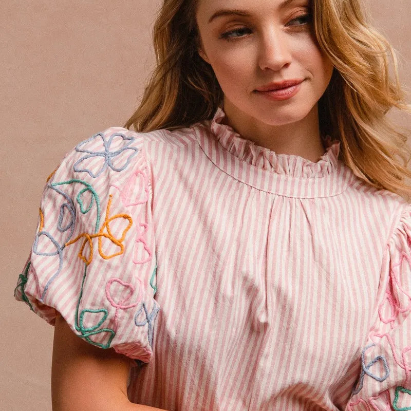 BiBi Embroidery Bubble Sleeve Top With Bottom Scallop Detail