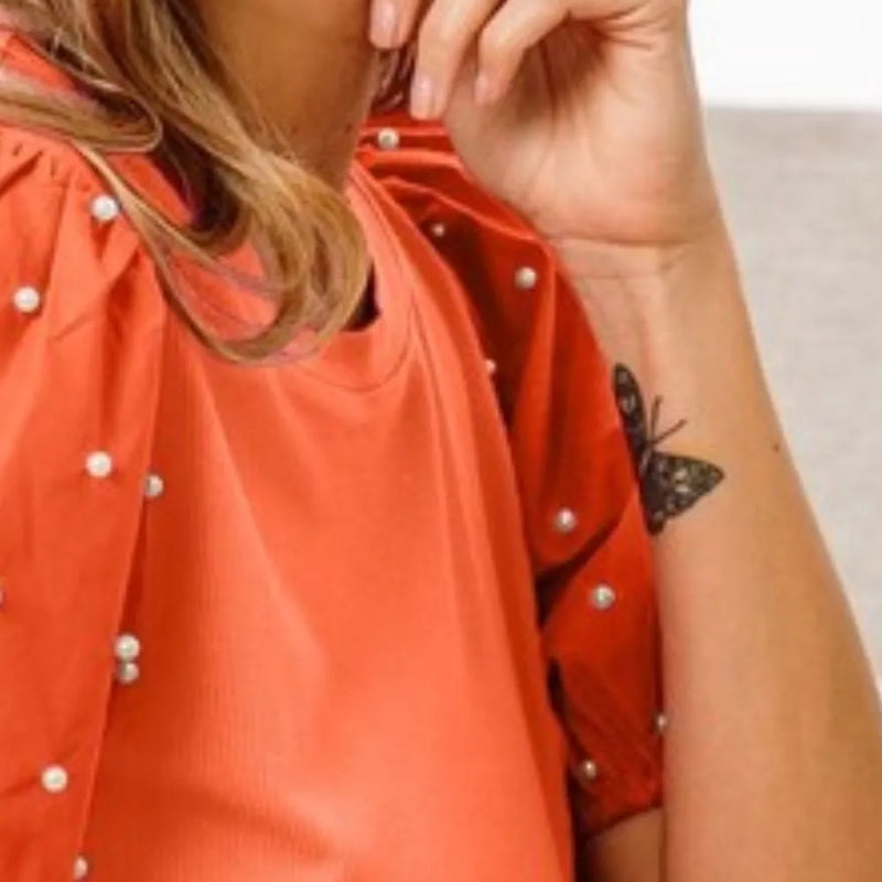 BiBi Pearl Beaded Short Puff Sleeve Top in Orange