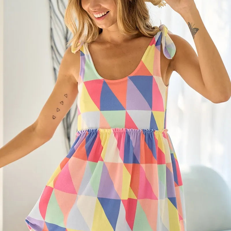 BiBi Multi Color Block Bruhsed Tied Ribbon Shoulder Top