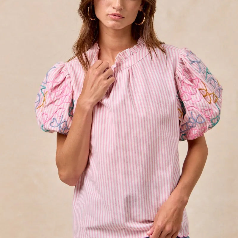 BiBi Embroidery Bubble Sleeve Top With Bottom Scallop Detail