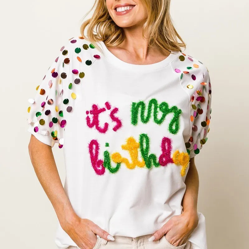 BiBi Metallic Letter Spangle Raglan Puff Sleeve Top