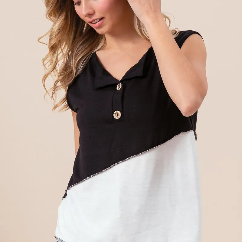 BiBi Color Block Contrast Stitching Buttoned Henley Top