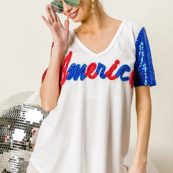 BiBi Metallic Letter V-neck Sequin Sleeves Top