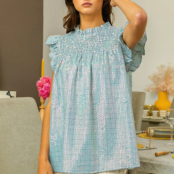 BiBi Clear Sequin All-over Gingham Smocked Top