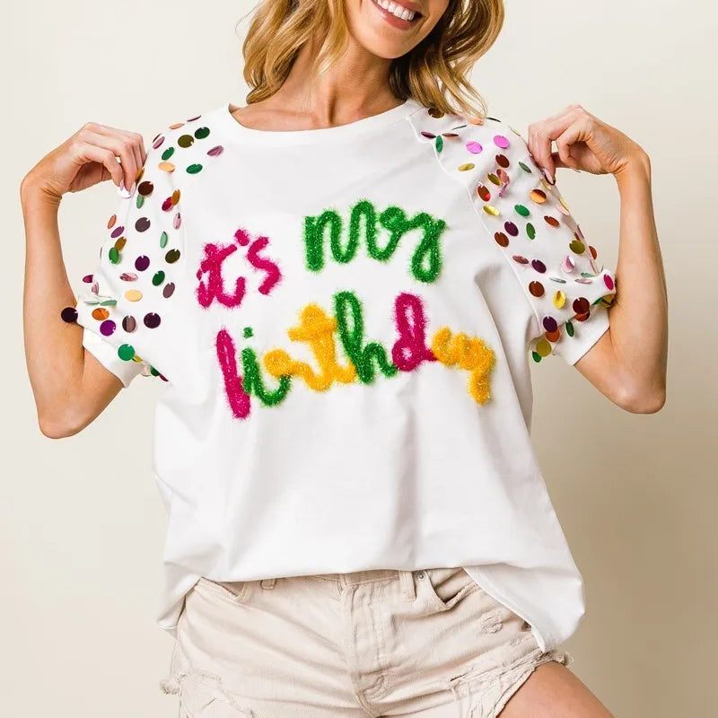 BiBi Metallic Letter Spangle Raglan Puff Sleeve Top