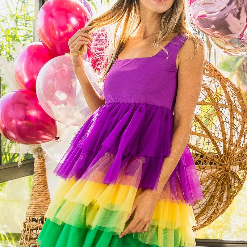 BiBi Mardi Gras Color Block Layered Mesh Tiered Dress