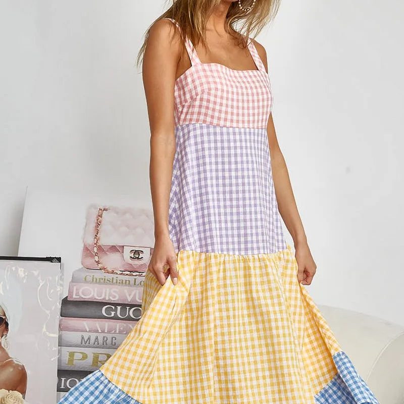 BiBi Color Block Tiered Gingham Dress