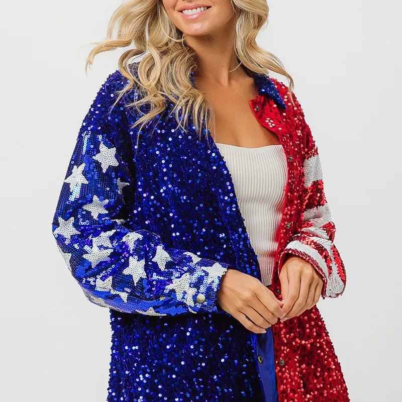 BiBi American Flag Sequin Snap Down Shirt