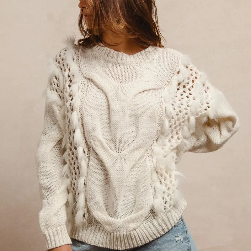 BiBi Faux Fur Detailed Pointelle Cable Knit Sweater