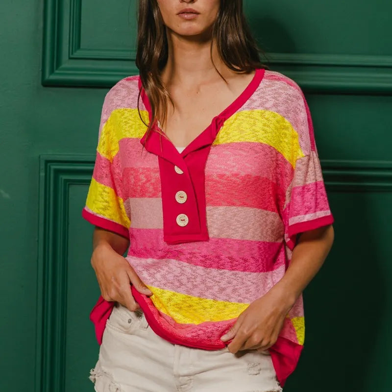 BiBi Multi Color Stripe Hacci Button Detail Ringer Top