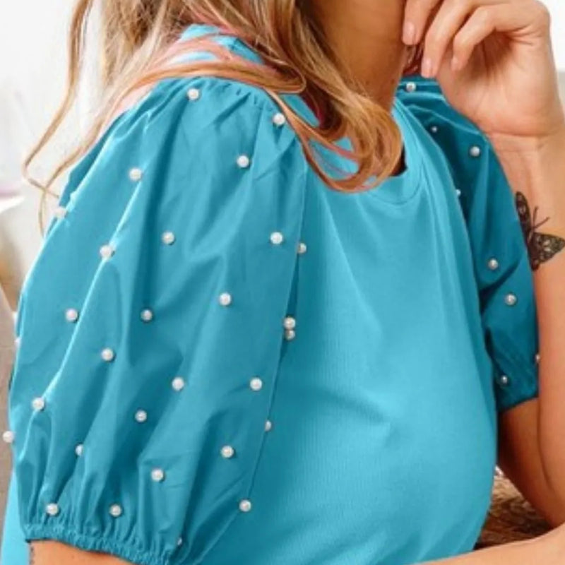 BiBi Pearl Beaded Short Puff Sleeve Top in Turquoise