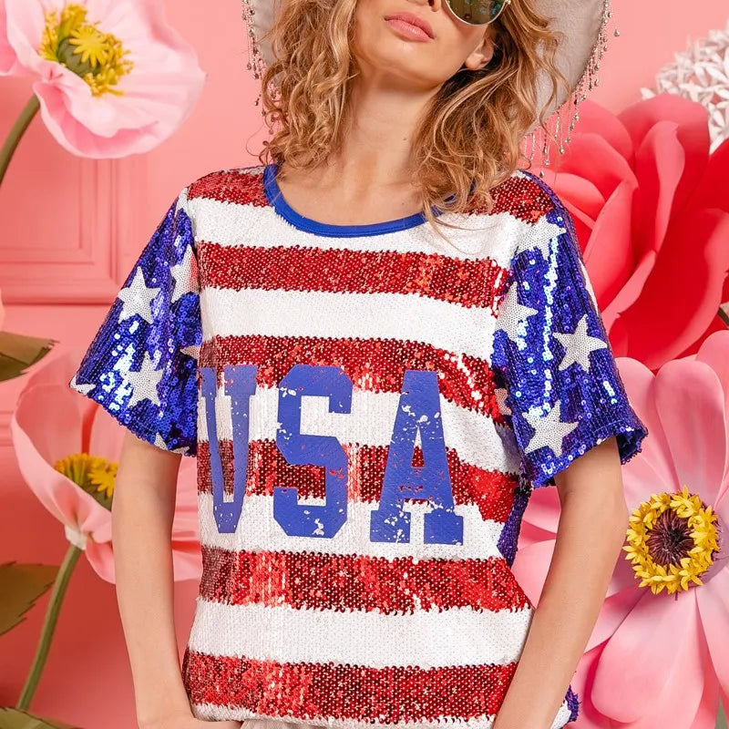 BiBi American Flag Theme USA Lettering Sequin Top
