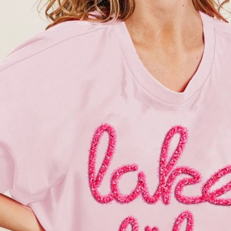 BiBi Metallic Letter Short Dolman Sleeve Top in Blush