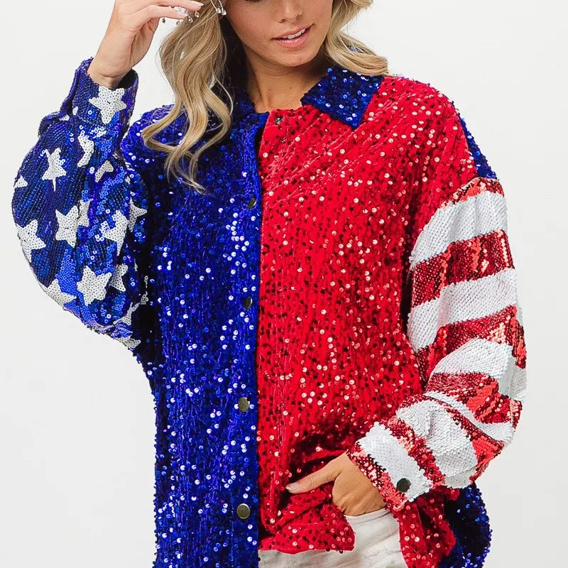 BiBi American Flag Sequin Snap Down Shirt