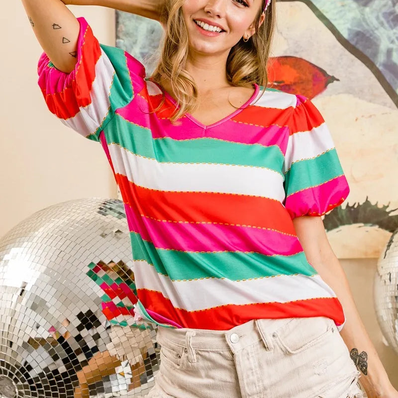 BiBi Multi Stripe Color Print Puff Sleeves V Neck Top