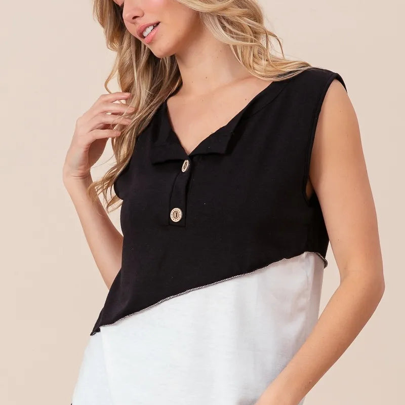 BiBi Color Block Contrast Stitching Buttoned Henley Top
