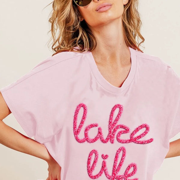 BiBi Metallic Letter Short Dolman Sleeve Top in Blush