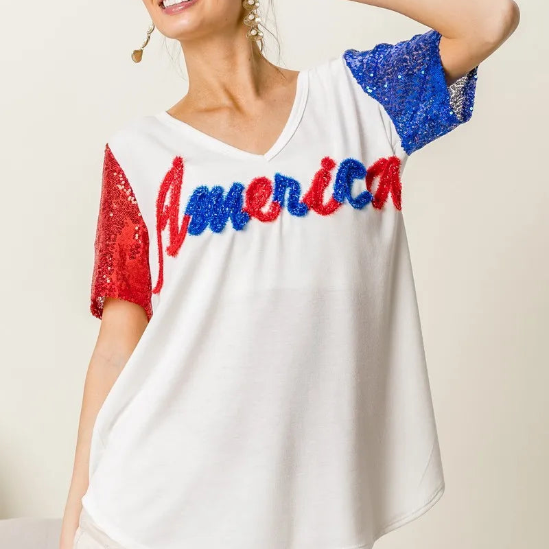 BiBi Metallic Letter V-neck Sequin Sleeves Top