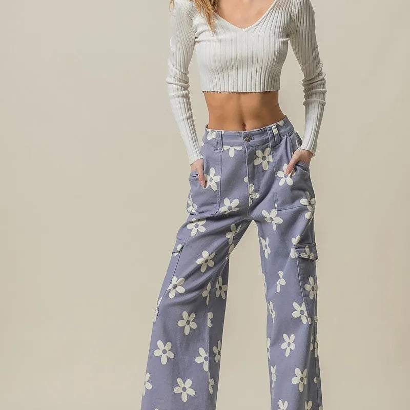 BiBi Flower Printed Side Pocket Wide Pants