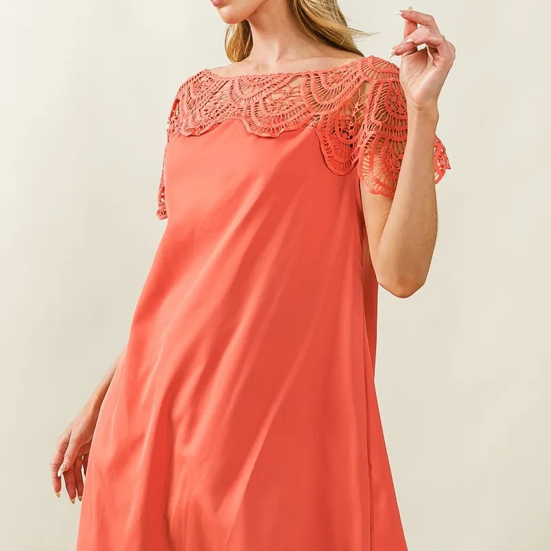 BiBi Crochet Lace Yoke Detailed Wrinkled Dress