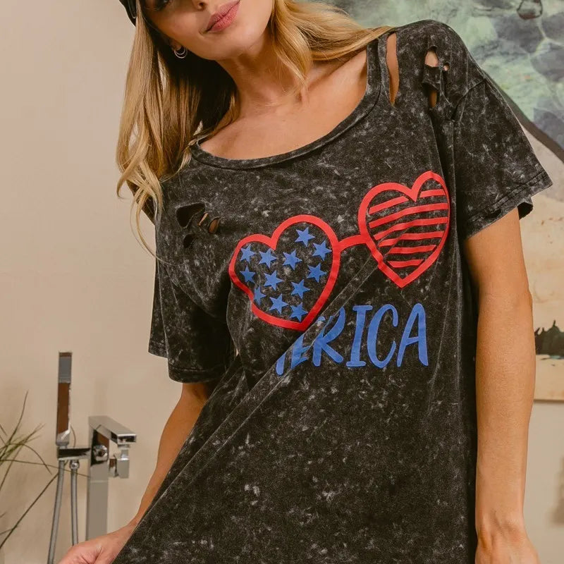 BiBi 4th Of July Theme Mineral Washed Laser Cut Top