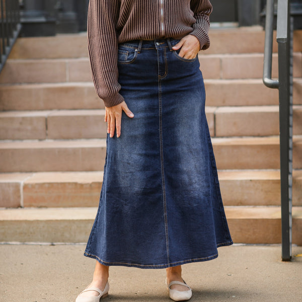 Bethany Dark Wash A-line Long Denim Skirt