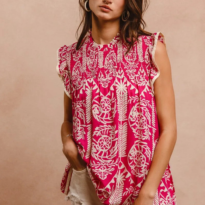 BiBi Printed Ruffle Sleeve Top