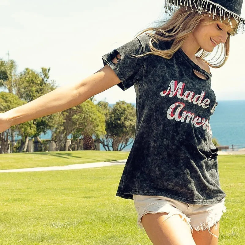 BiBi Laser Cut Mineral Washed America Print Top in Black