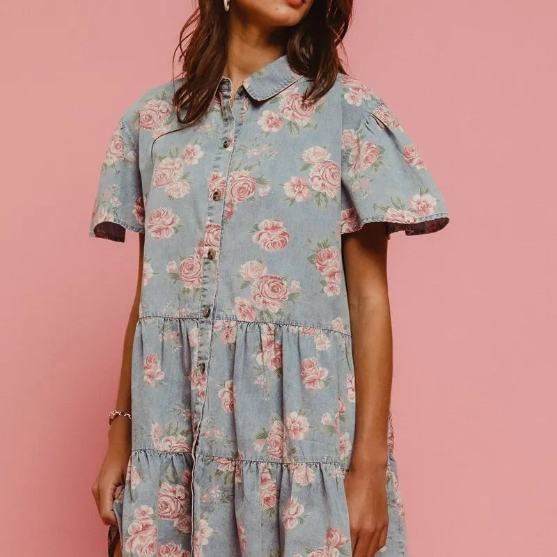 BiBi Floral Print Washed Lightweight Tiered Shirt Dress