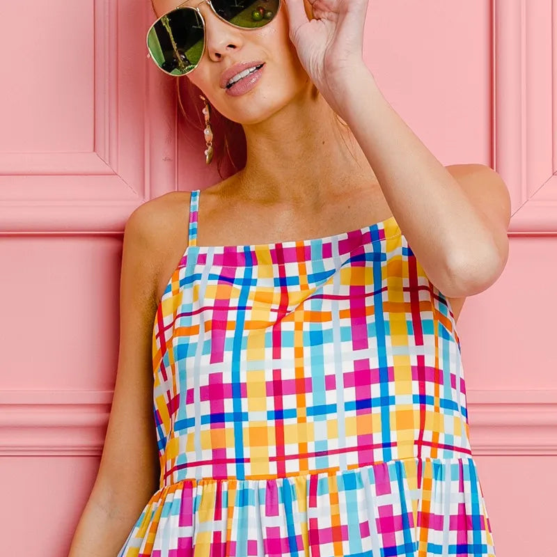 BiBi Multi Colors Plaid Sleeveless Sun Dress