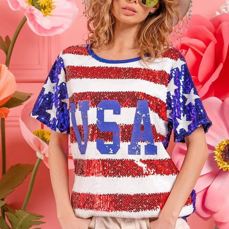 BiBi American Flag Theme USA Lettering Sequin Top