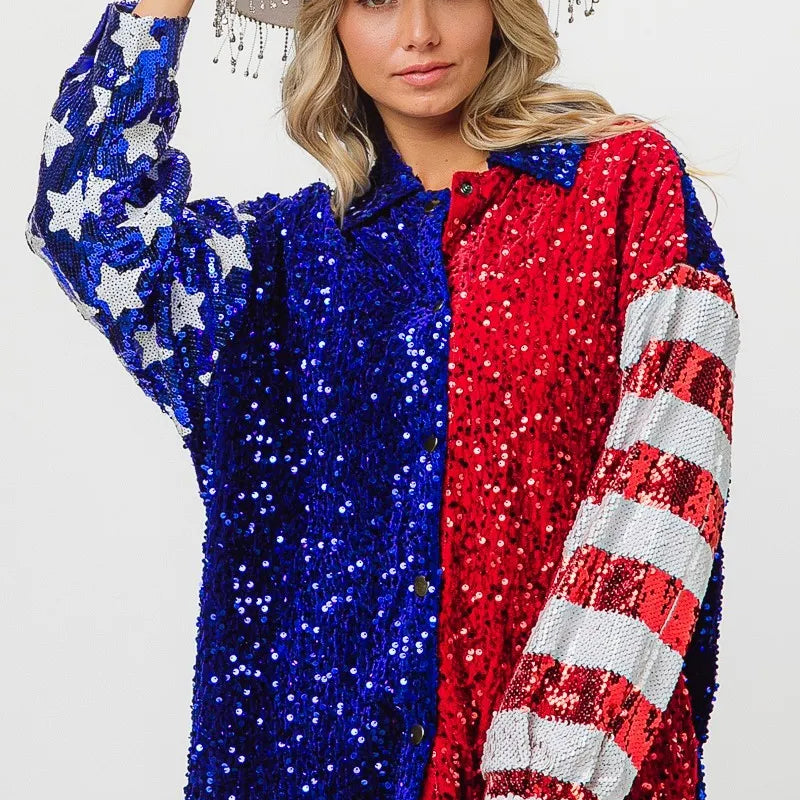 BiBi American Flag Sequin Snap Down Shirt