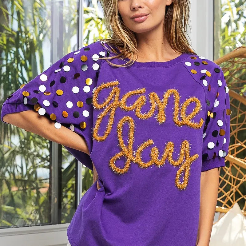 BiBi Game Day Metallic Letter Spangle Sleeve Top
