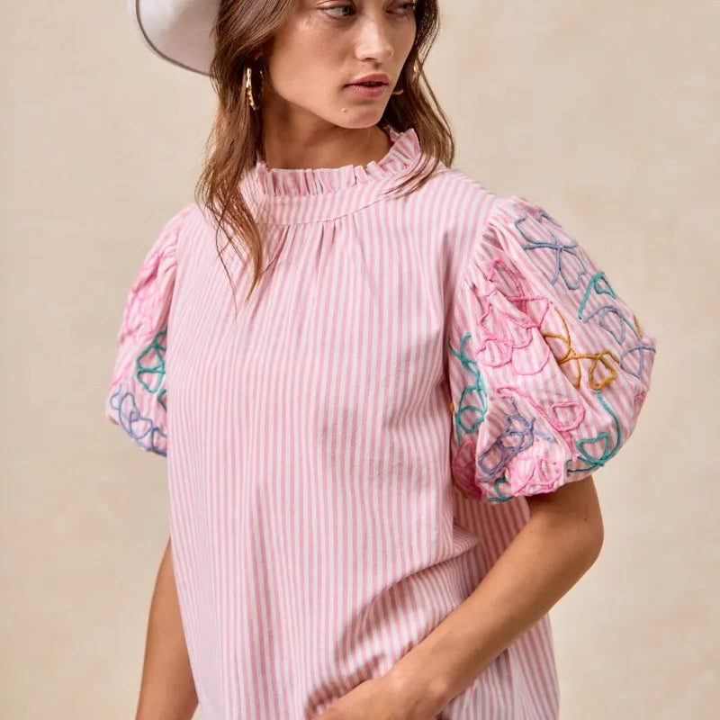 BiBi Embroidery Bubble Sleeve Top With Bottom Scallop Detail