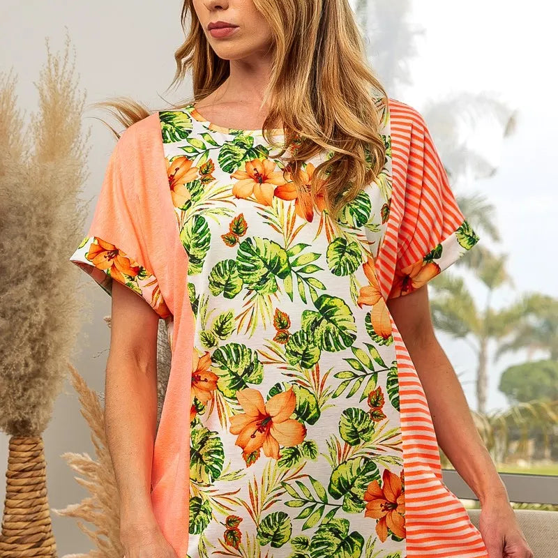 BiBi Floral W Stripe Color Block Dolman Sleeves Top