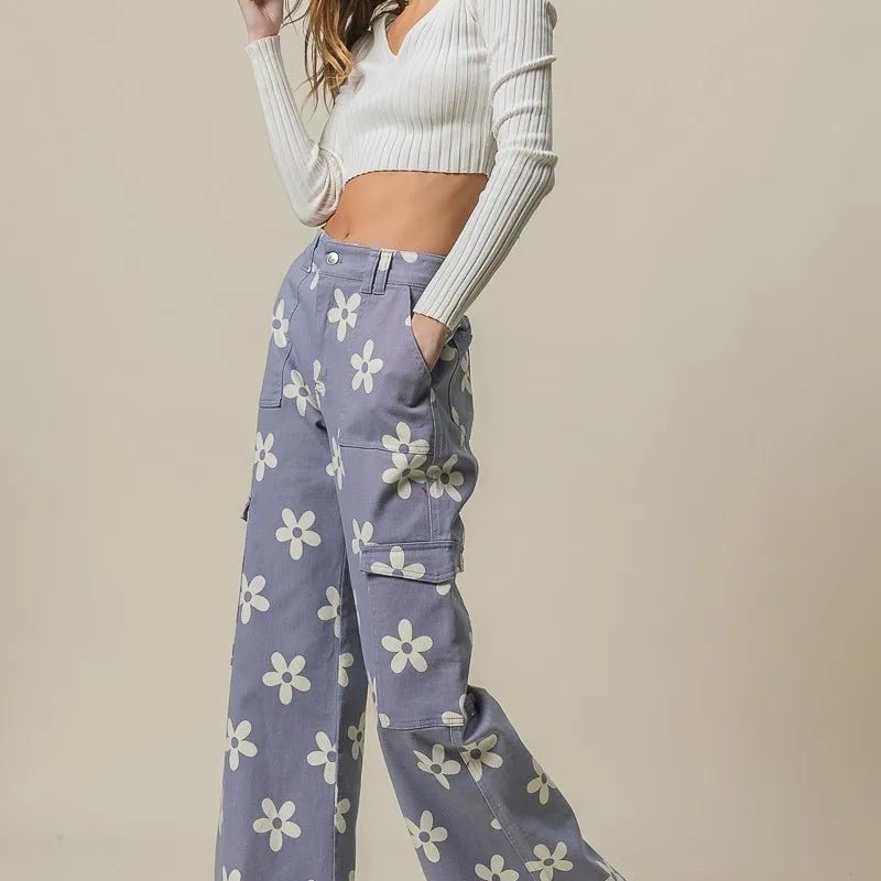 BiBi Flower Printed Side Pocket Wide Pants