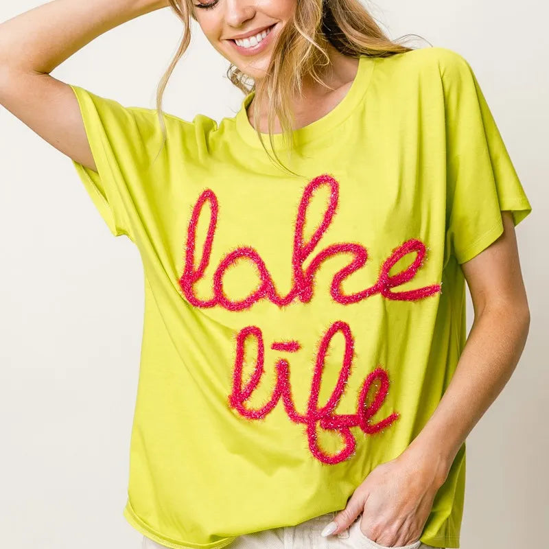 BiBi Metallic Letter Short Dolman Sleeve Top