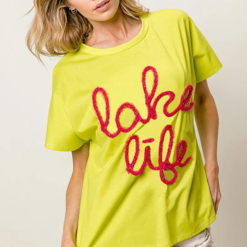 BiBi Metallic Letter Short Dolman Sleeve Top