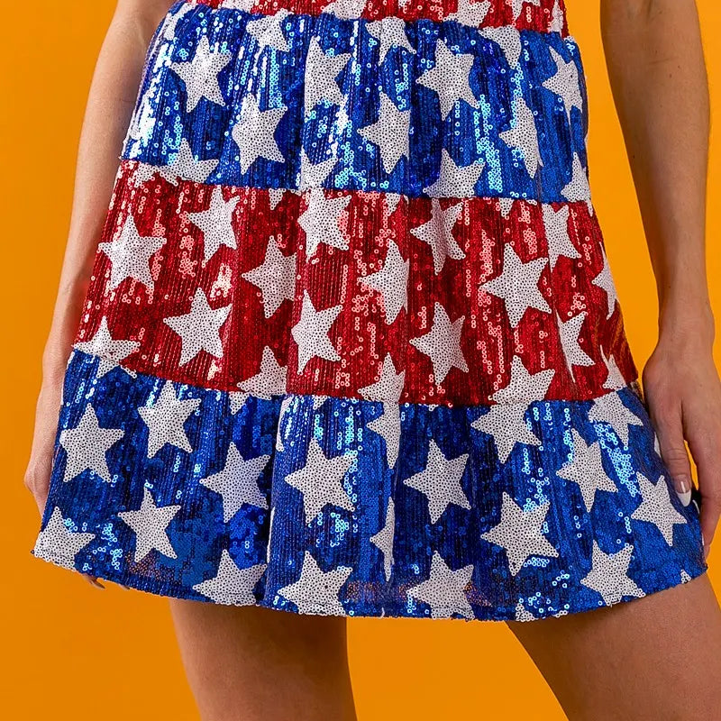 BiBi American Flag Theme Star Sequin Tiered Skirt