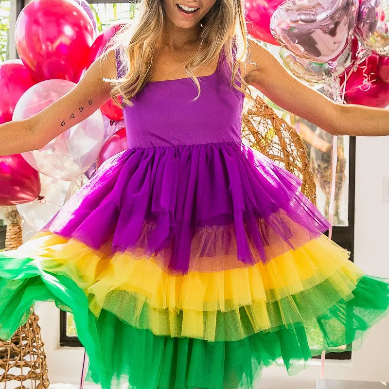 BiBi Mardi Gras Color Block Layered Mesh Tiered Dress