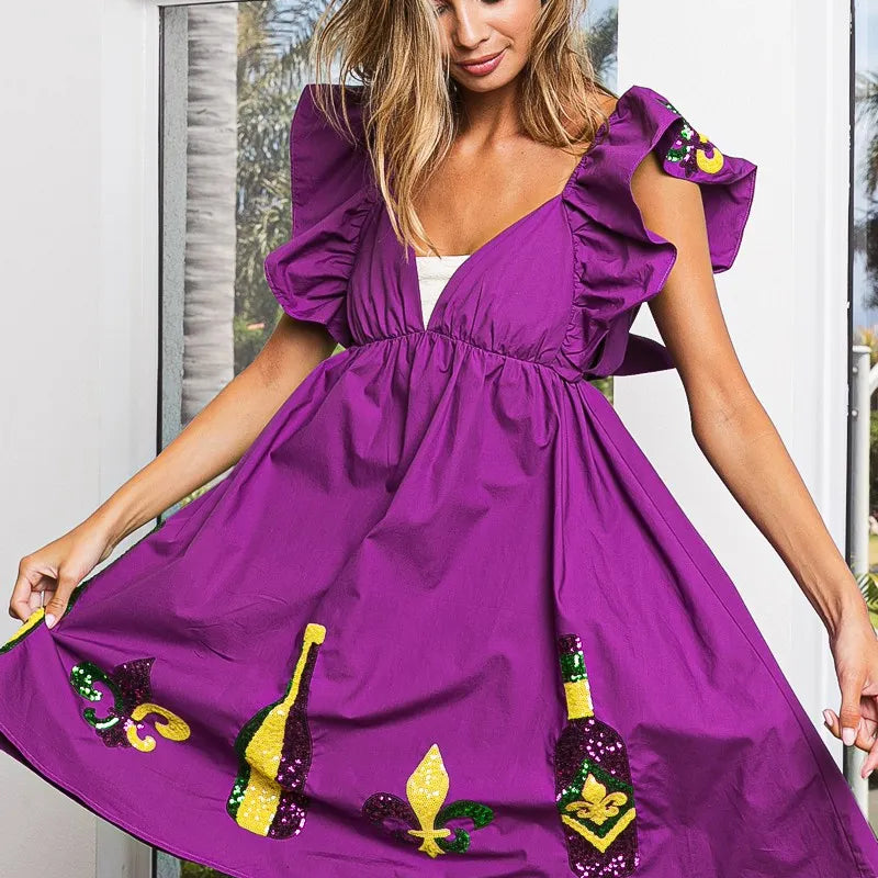 BiBi Mardi Gras Sequin Embroidery Ruffled Dress