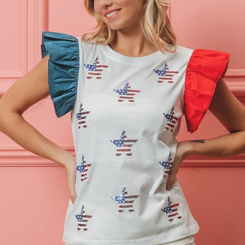 BiBi American Flag Sequin Stars Top